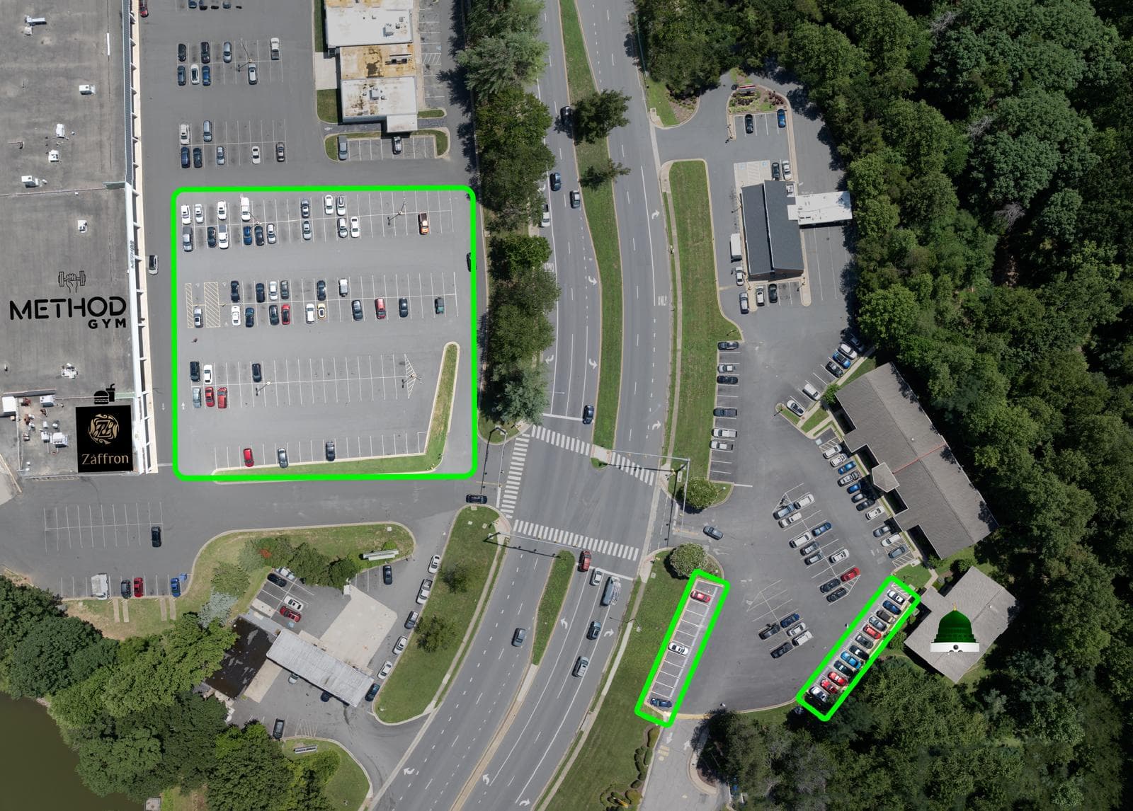 Aerial overview of Haskay Masjid parking with green boxes showing allowed spaces at the masjid and overflow lot